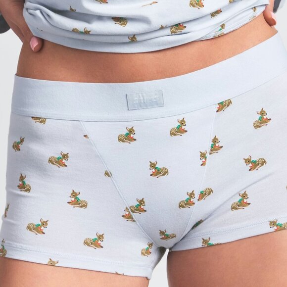 SKIMS BOYFRIEND LONG SLEEVE T-SHIRT AND SHORT BOXER SET ZEN BLUE BABY DEER PRINT - Picture 4 of 5